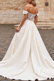 A Line Ivory Satin Off the Shoulder Long Wedding Dress