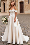 A Line Ivory Satin Off the Shoulder Long Wedding Dress