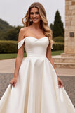 A Line Ivory Satin Off the Shoulder Long Wedding Dress