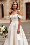 A Line Ivory Satin Off the Shoulder Long Wedding Dress