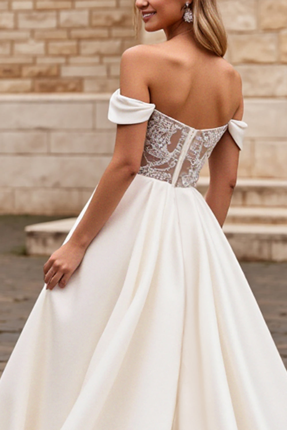 A Line Ivory Satin Off the Shoulder Long Wedding Dress
