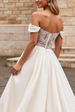 A Line Ivory Satin Off the Shoulder Long Wedding Dress