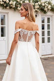 Ivory Satin Off the Shoulder Long Wedding Dress with Lace