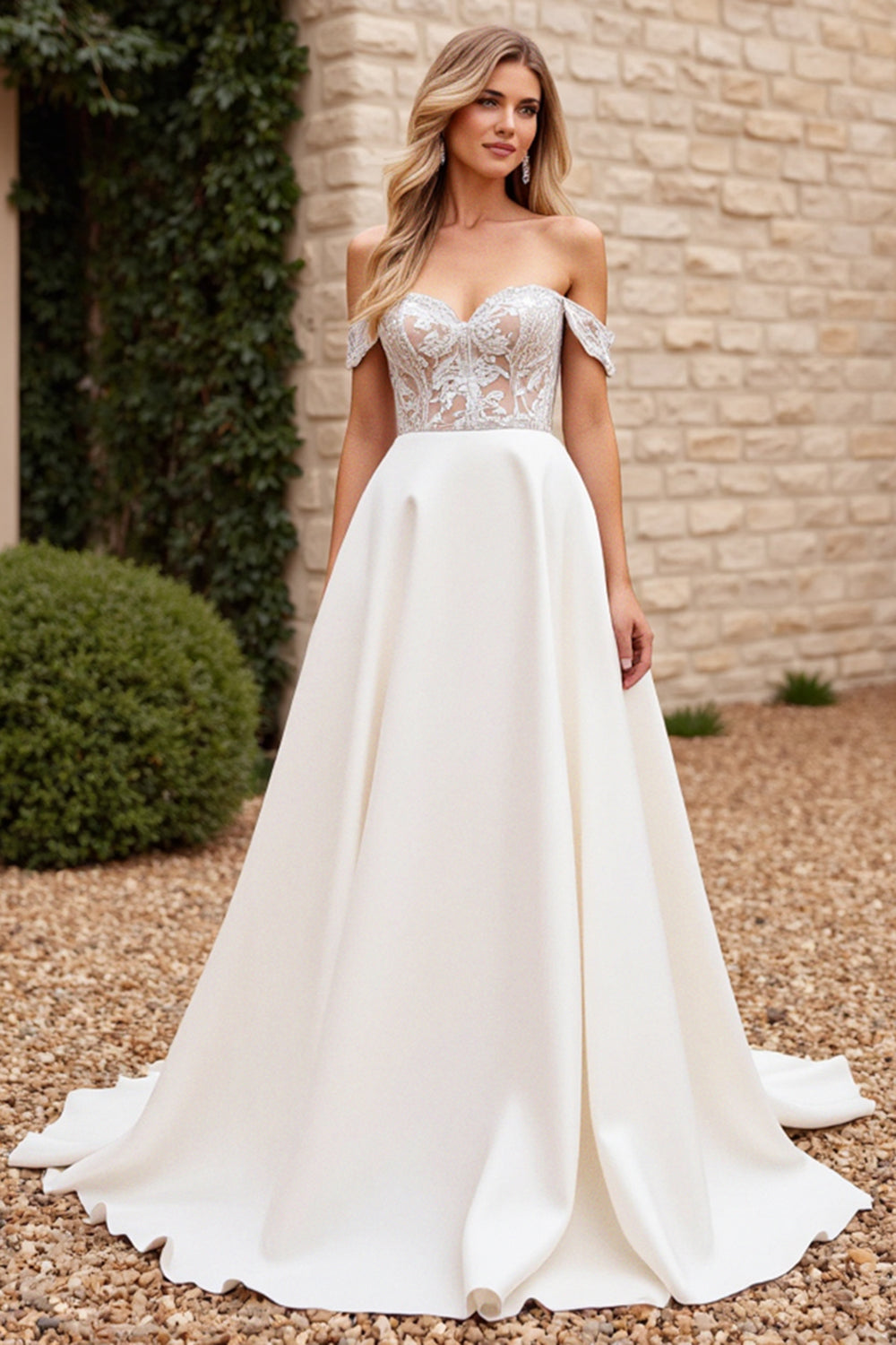 Ivory Satin Off the Shoulder Long Wedding Dress with Lace
