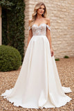 Ivory Satin Off the Shoulder Long Wedding Dress with Lace