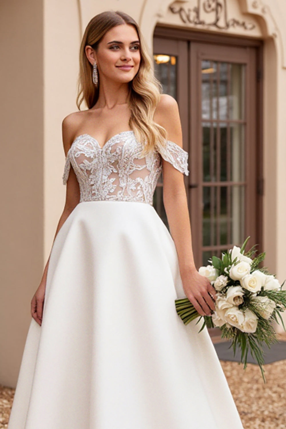 Ivory Satin Off the Shoulder Long Wedding Dress with Lace