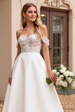 Ivory Satin Off the Shoulder Long Wedding Dress with Lace