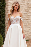 Ivory Satin Off the Shoulder Long Wedding Dress with Lace