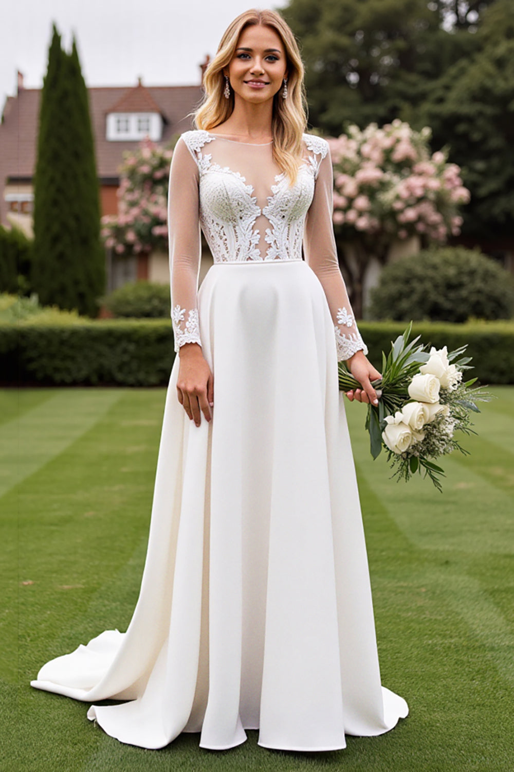 Ivory A Line Satin Illusion Neck Long Wedding Dress with Lace