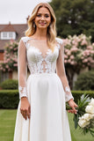 Ivory A Line Satin Illusion Neck Long Wedding Dress with Lace