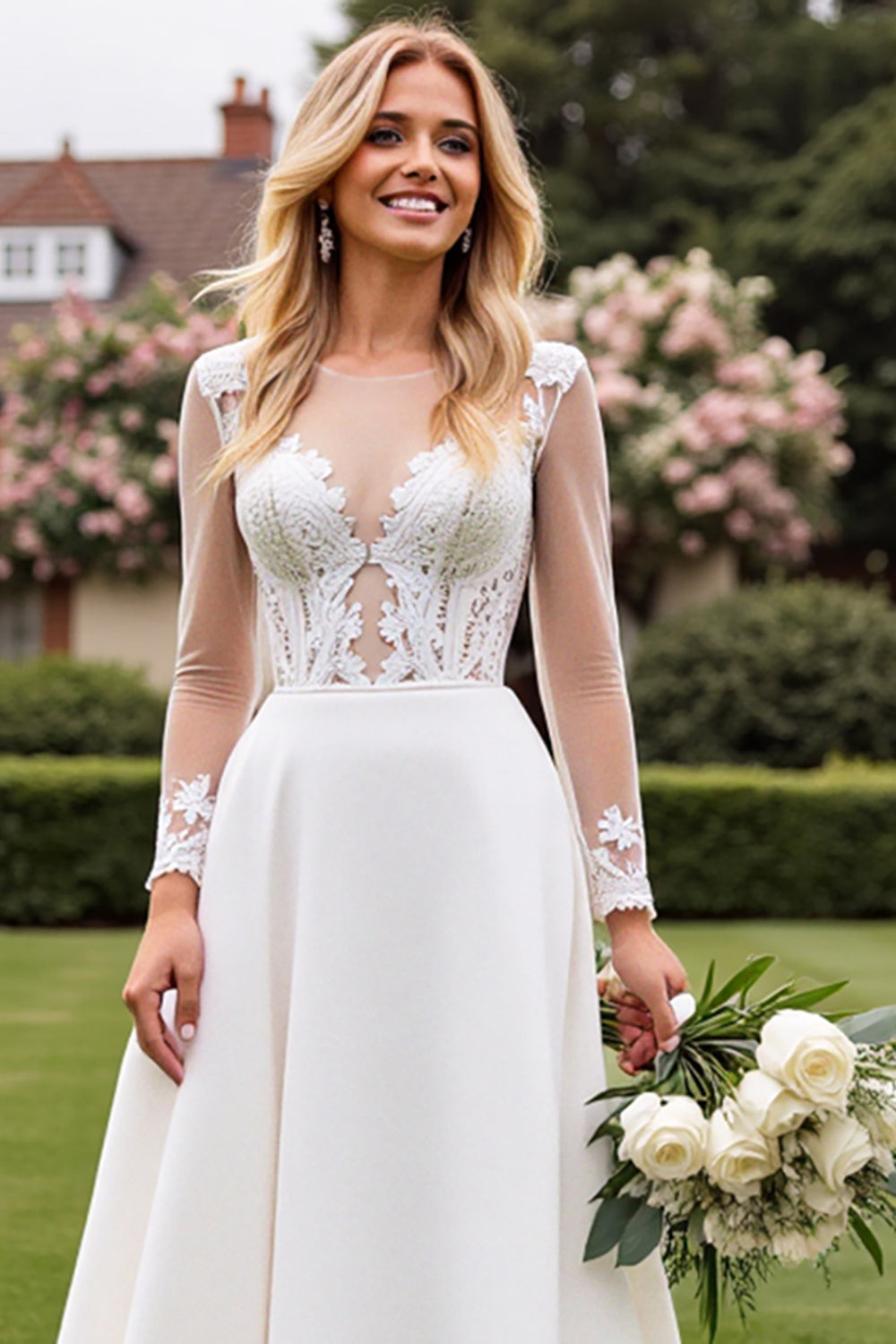Ivory A Line Satin Illusion Neck Long Wedding Dress with Lace