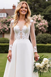 Ivory A Line Satin Illusion Neck Long Wedding Dress with Lace