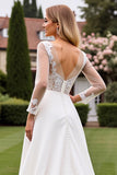 Ivory A Line Satin Illusion Neck Long Wedding Dress with Lace