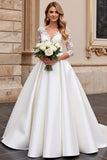 Ivory Satin Ball Gown V-Neck Long Wedding Dress with Lace