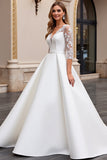 Ivory Satin Ball Gown V-Neck Long Wedding Dress with Lace