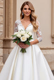 Ivory Satin Ball Gown V-Neck Long Wedding Dress with Lace