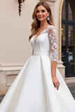 Ivory Satin Ball Gown V-Neck Long Wedding Dress with Lace