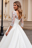 Ivory Satin Ball Gown V-Neck Long Wedding Dress with Lace