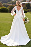 Ivory V-Neck Satin A Line Wedding Dress with Long Sleeves