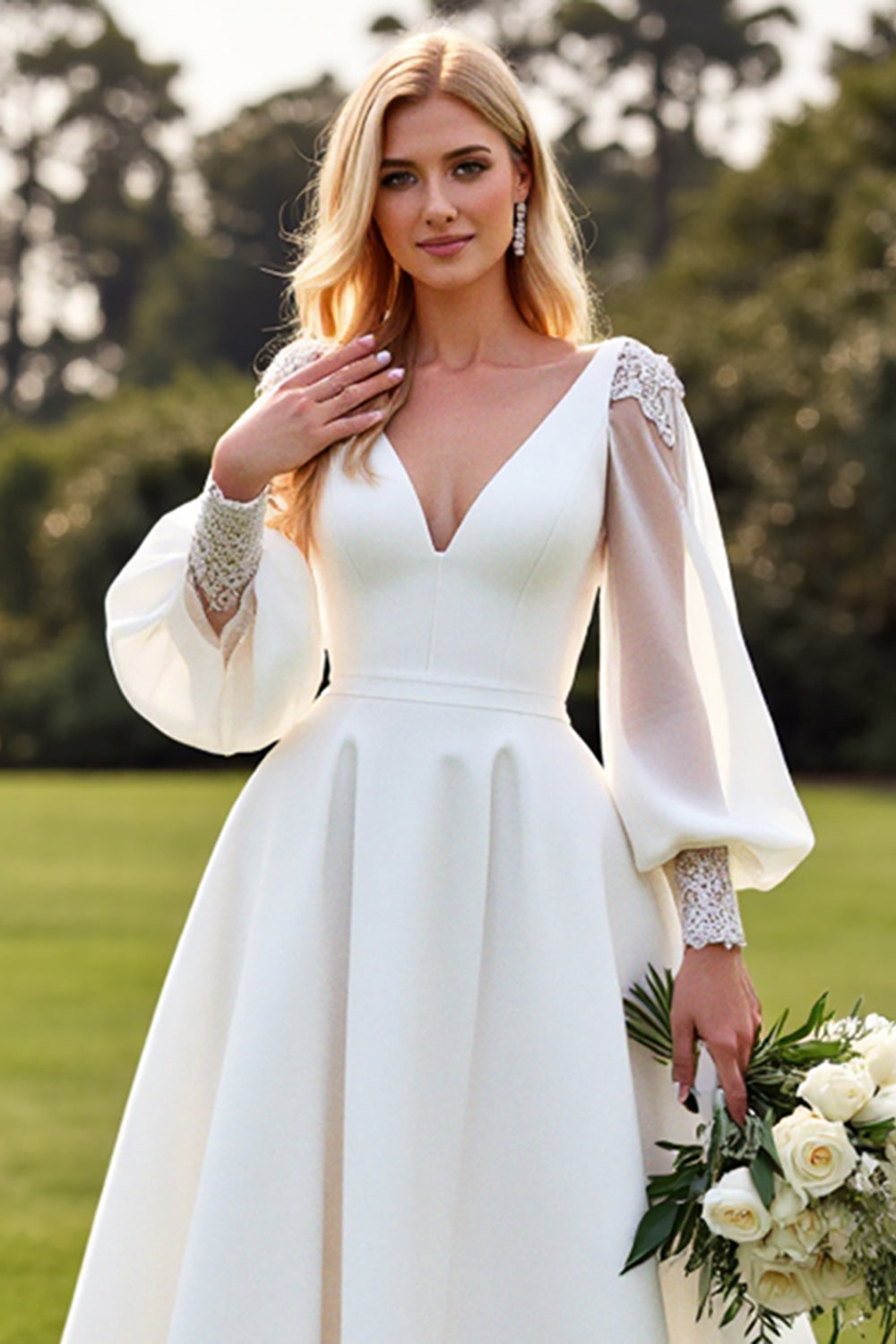 Ivory V-Neck Satin A Line Wedding Dress with Long Sleeves