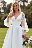 Ivory V-Neck Satin A Line Wedding Dress with Long Sleeves