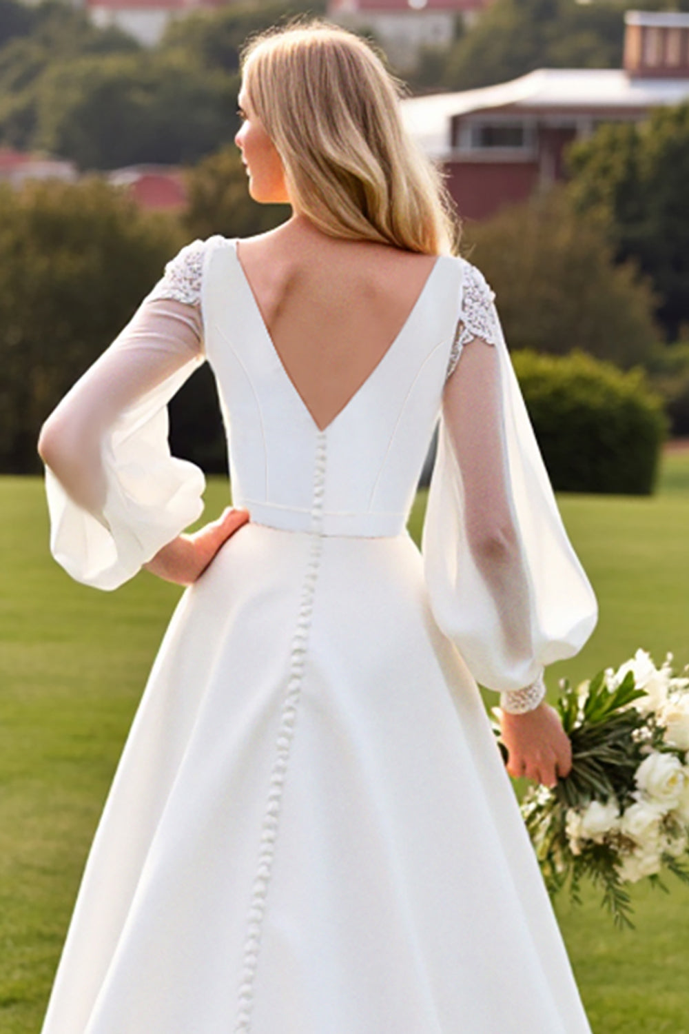 Ivory V-Neck Satin A Line Wedding Dress with Long Sleeves