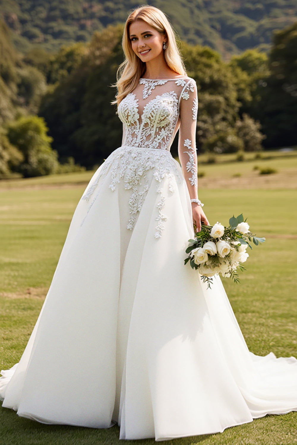 Ivory A Line Illusion Neck Long Sleeves Wedding Dress with Lace