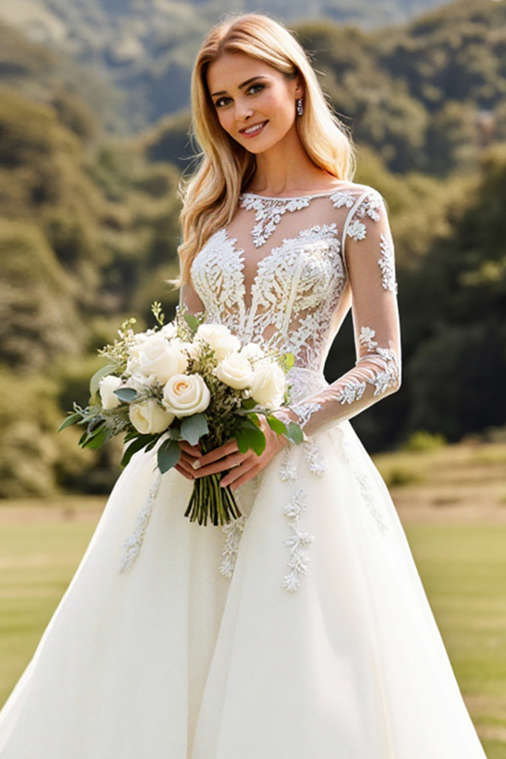 Ivory A Line Illusion Neck Long Sleeves Wedding Dress with Lace