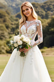 Ivory A Line Illusion Neck Long Sleeves Wedding Dress with Lace