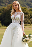 Ivory A Line Illusion Neck Long Sleeves Wedding Dress with Lace