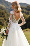 Ivory A Line Illusion Neck Long Sleeves Wedding Dress with Lace