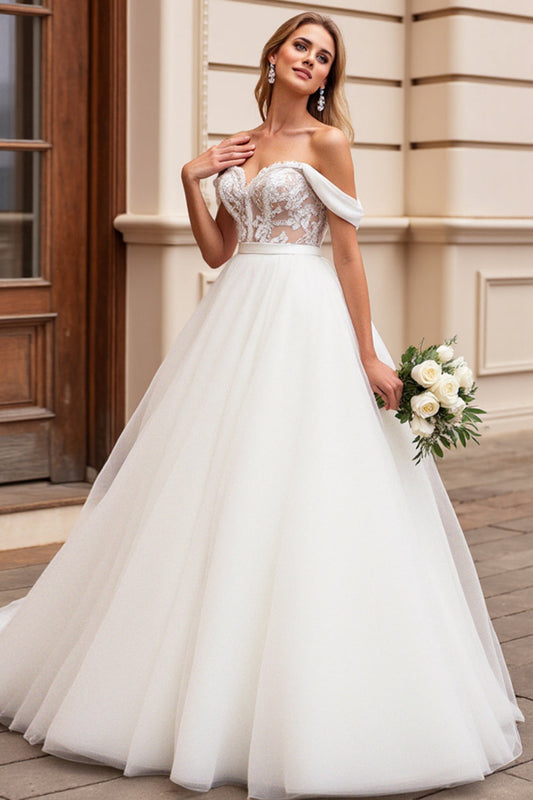 Ivory A Line Off the Shoulder Long Lace Wedding Dress