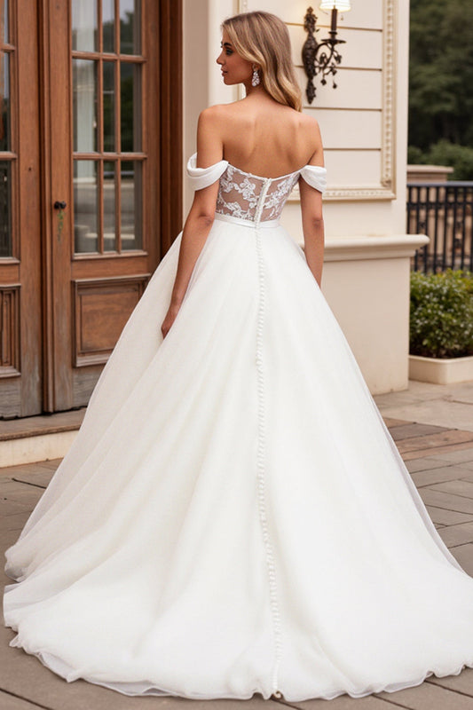 Ivory A Line Off the Shoulder Long Lace Wedding Dress