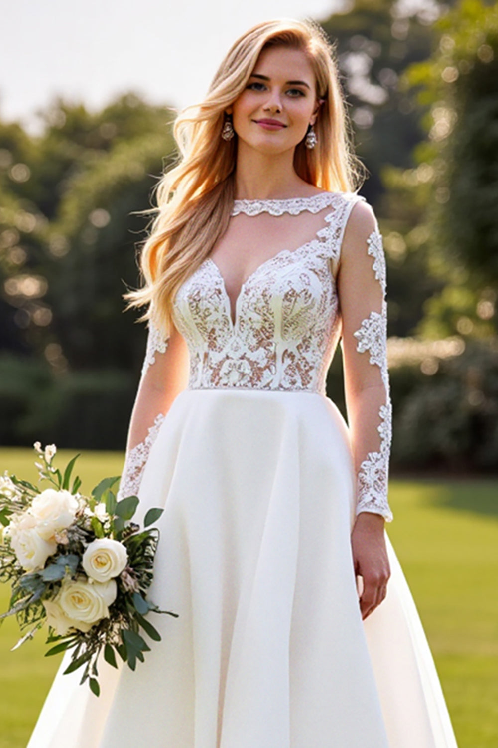 Ivory A Line Sweetheart Long Wedding Dress with Lace