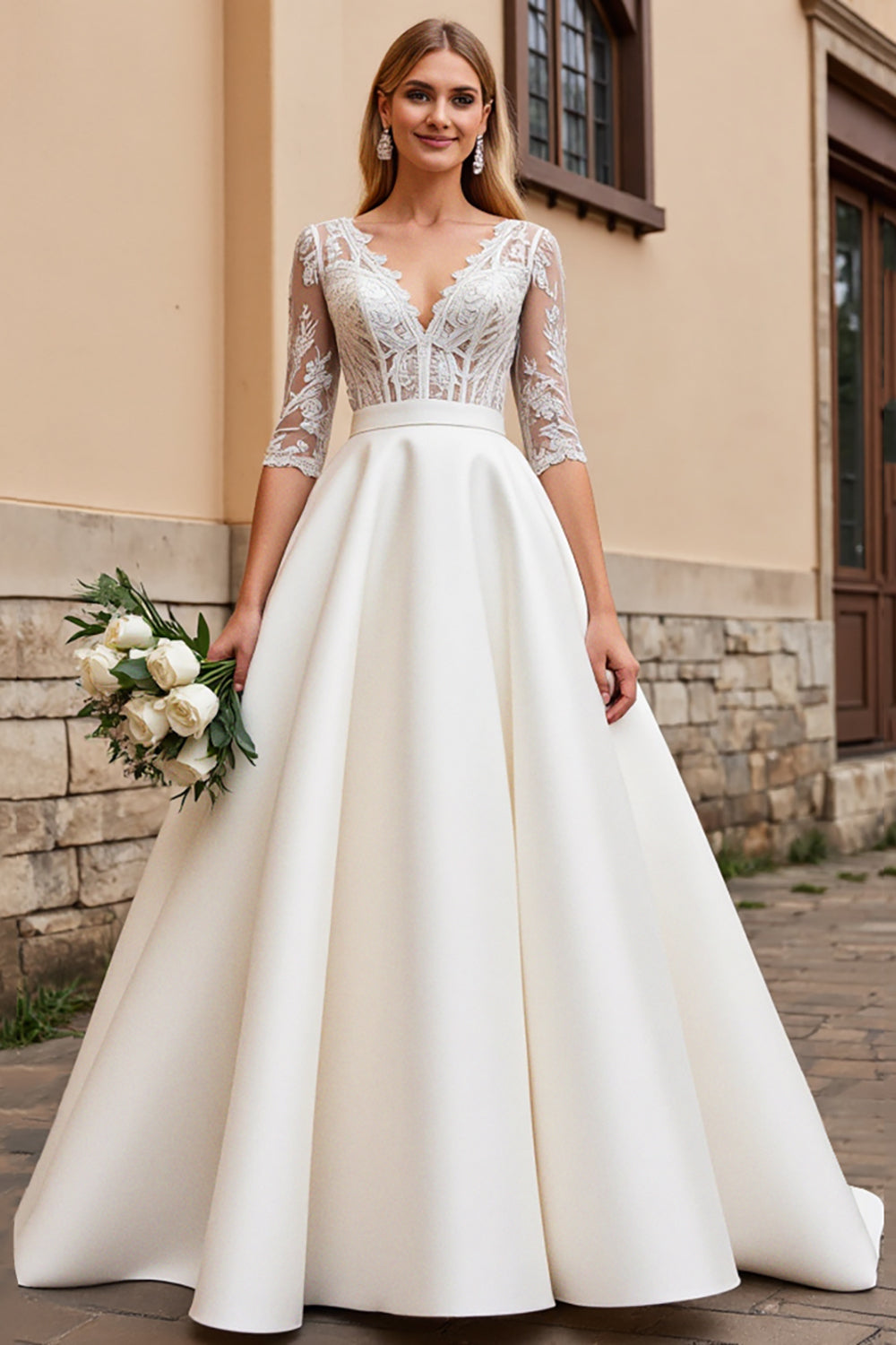 Ivory Satin V Neck A Line Wedding Dress with Long Sleeves