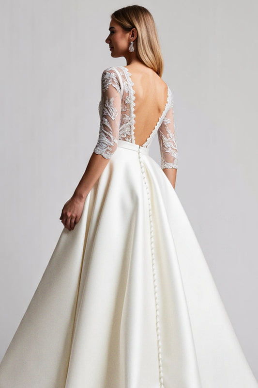 Ivory Satin V Neck A Line Wedding Dress with Long Sleeves