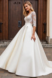 Ivory Satin V Neck A Line Wedding Dress with Long Sleeves
