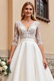 Ivory Satin V Neck A Line Wedding Dress with Long Sleeves
