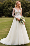 Ivory A Line  V-Neck Long Sleeves Wedding Dress with Lace