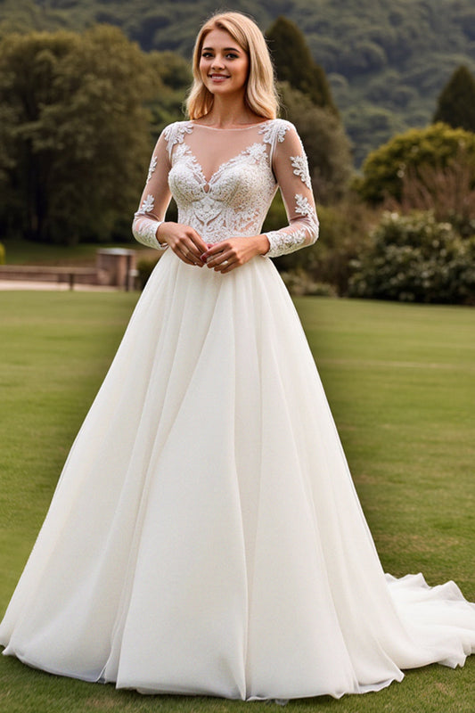 Ivory A Line  V-Neck Long Sleeves Wedding Dress with Lace