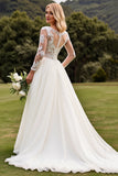 Ivory A Line  V-Neck Long Sleeves Wedding Dress with Lace