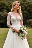 Ivory A Line  V-Neck Long Sleeves Wedding Dress with Lace