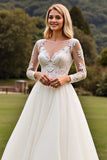 Ivory A Line  V-Neck Long Sleeves Wedding Dress with Lace