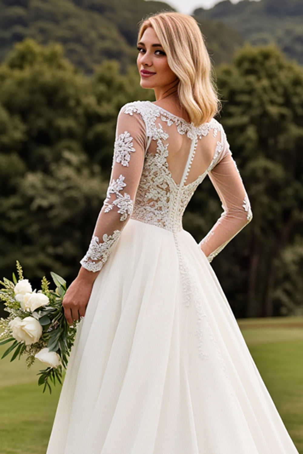Ivory A Line  V-Neck Long Sleeves Wedding Dress with Lace