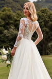 Ivory A Line  V-Neck Long Sleeves Wedding Dress with Lace