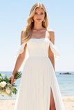 A Line Ivory Chiffon Off the Shoulder Long Wedding Dress with Slit