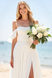 A Line Ivory Chiffon Off the Shoulder Long Wedding Dress with Slit