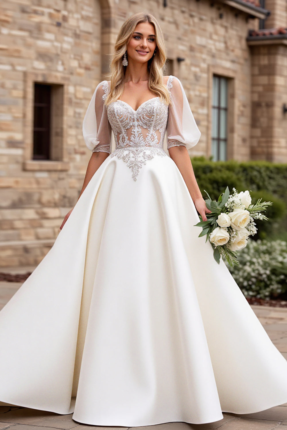 Ivory Satin A Line Long Sweetheart Wedding Dress with Puff Sleeves