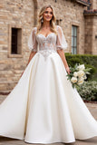 Ivory Satin A Line Long Sweetheart Wedding Dress with Puff Sleeves
