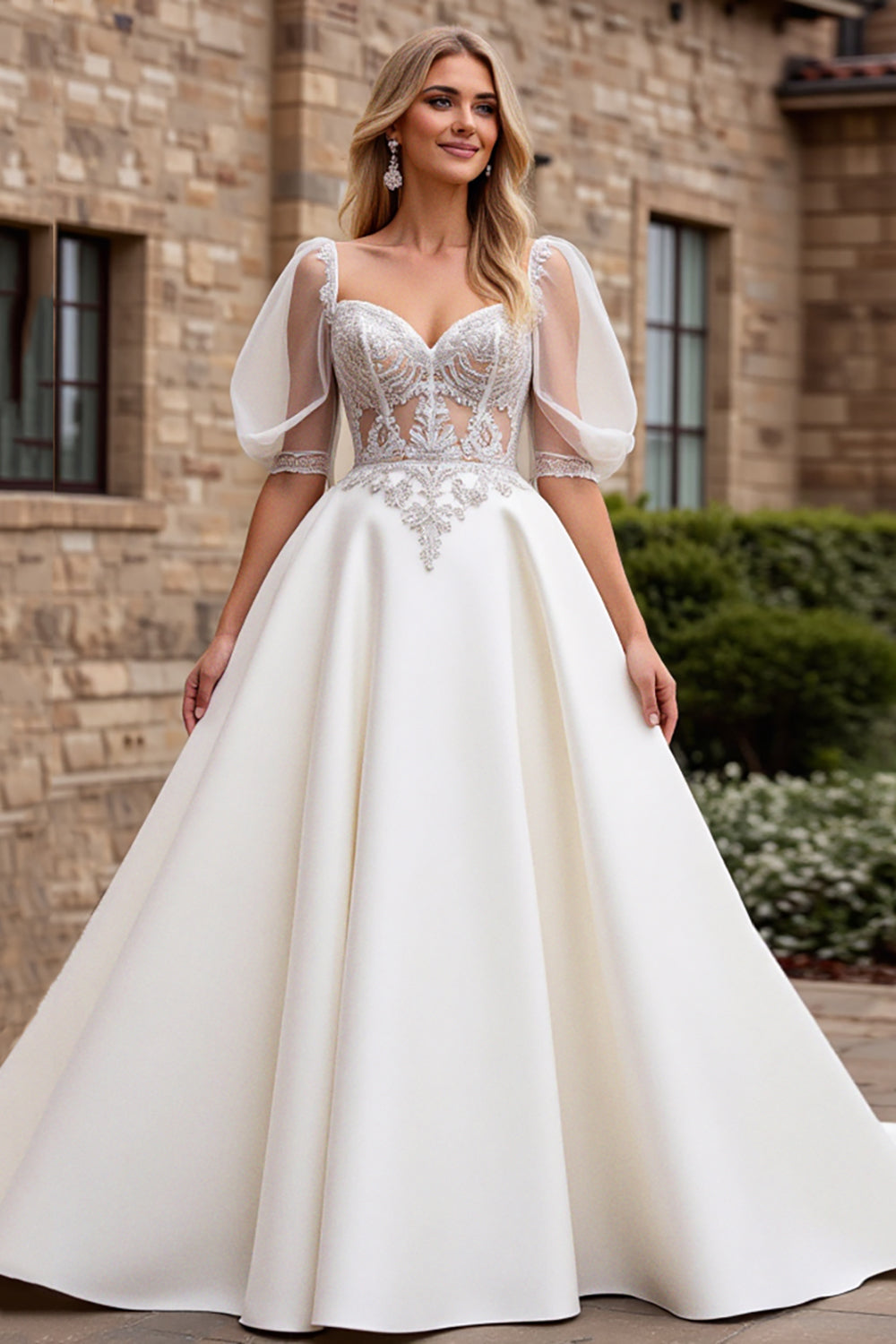 Ivory Satin A Line Long Sweetheart Wedding Dress with Puff Sleeves